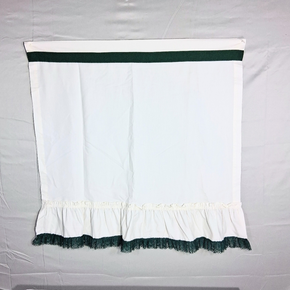 Set Of 4 28" X 28" Handmade Curtains White With Dark Green Frilly/Ruffled Trim